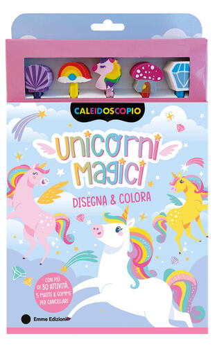 copertina Unicorni magici. Ediz. illustrata. Con 5 gomme per cancellare. Con 5 matite