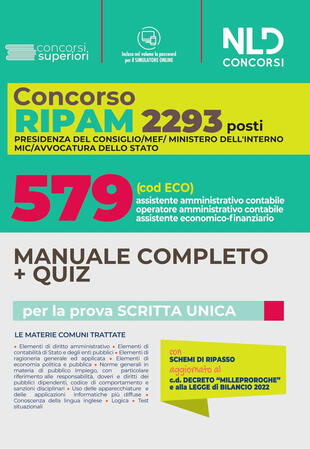copertina Concorso RIPAM. 2293 posti MEF, Presidenza del consiglio, Ministero dell'interno: manuale completo + quiz concorso 579 posti assistente amministrativo contabile, assistente economico finanziario