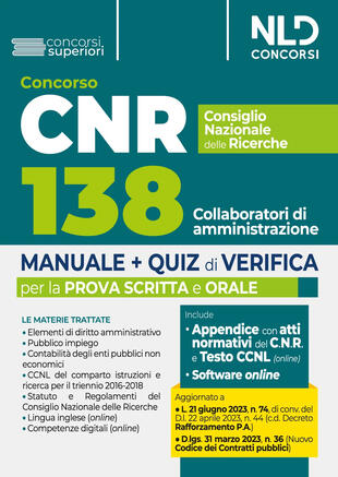 copertina Concorso CNR Consiglio Nazionale delle Ricerche. Manuale + Quiz di verifica 138 Collaboratori di amministrazione