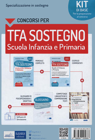 copertina Kit completo concorso Specializzazione in sostegno didattico. TFA scuola infanzia e primaria. Eserciziari + Manuale + Tracce svolte + Software + Glossario