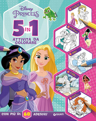 copertina 5 in 1 attività da colorare. Disney Princess. Con adesivi. Ediz. a colori