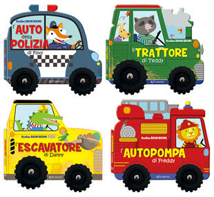 copertina Brum brum: Il trattore di Teddy-L'autopompa di Freddy-L'auto della polizia di Foxy-L'escavatore di Danny. Ediz. a colori