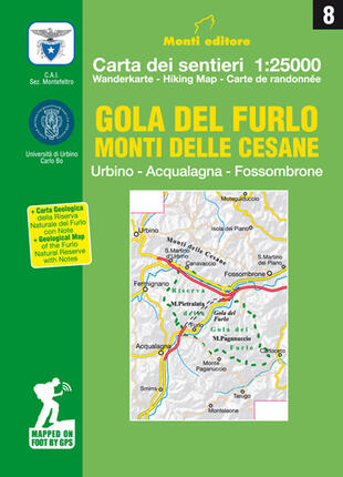 copertina Gola del Furlo. Monti delle Cesane. Urbino, Acqualagne, Fossombrone. Carta dei sentieri 1:25.000. Ediz. italiana, inglese, francese e tedesca