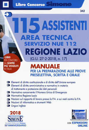 copertina 115 assistenti area tecnica Servizio NUE 112. Regione Lazio (G.U. 27-2-2018, n. 17). Manuale per la preparazione alle prove preselettiva, scritta e orale. Con espans