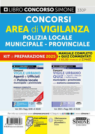 copertina Concorsi area di vigilanza polizia locale, municipale, provinciale. Kit di preparazione. Manuale completo + Quiz commentati. Con espansione online