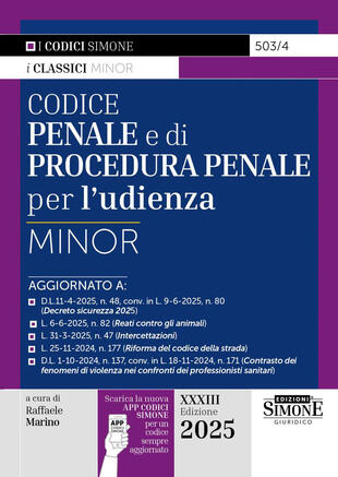copertina Codice penale e di procedura penale per l\'udienza. Ediz. minor. Con App Codici Simone per un codice sempre aggiornato
