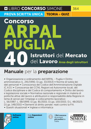 copertina Concorso Arpal Puglia. 40 istruttori del mercato del lavoro. Area degli istruttori. Manuale per la preparazione. Con espansioni online. Con software online