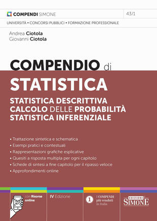 copertina Compendio di statistica. Statistica descrittiva. Calcolo delle probabilit&agrave;. Statistica inferenziale. Con Risorse online