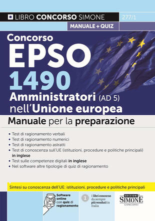 copertina Concorso EPSO 1490 Amministratori nell\'Unione Europea (AD 5). Manuale per la preparazione. Con software online con quiz di ragionamento