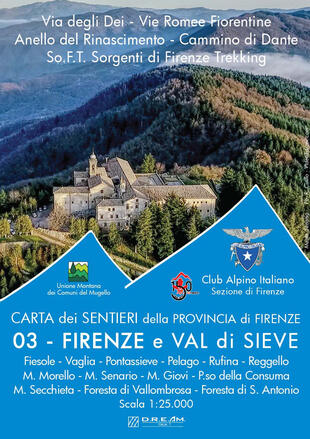 copertina Carta dei sentieri della provincia di Firenze. Firenze e Val di Sieve. Fiesole-Vaglia-Pontassieve-Pelago-Rufina-Reggello M. Morello-M. Senario-M. Giovi-P.so della Co