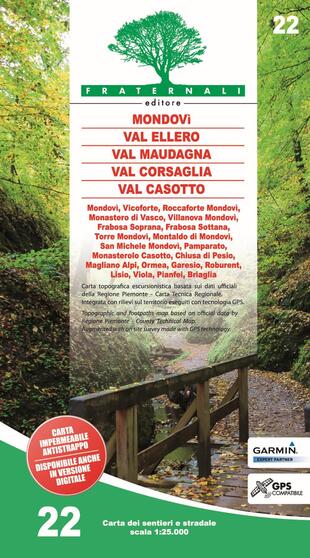 copertina Carta n. 22. Mondovì, Val Ellero, Val Maudagna, Val Corsaglia Val Casotto. Carta dei sentieri e stradale scala 1:25.000