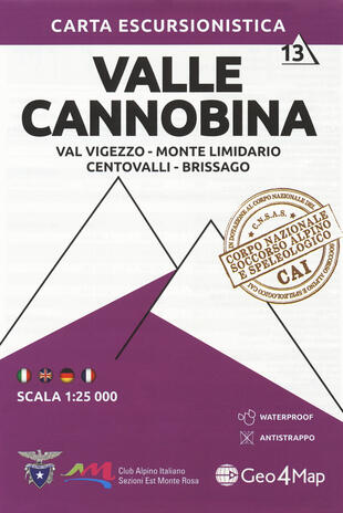 copertina Carta escursionistica Valle Cannobina. Scala 1:25.000. Ediz. italiana, inglese, tedesca e francese