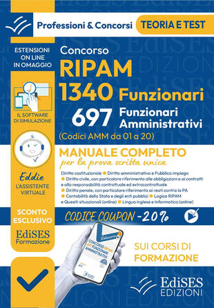 copertina Concorsi RIPAM 2026. 1340 funzionari, 697 amministrativi. Manuale completo per la prova scritta unica. Con software di simulazione