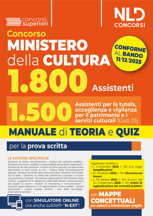 copertina Concorso Ministero della Cultura 1800 posti. profilo 1.500 assistenti per la tutela, accoglienza e vigilanza per il patrimonio e i servizi culturali (Cod. 01). Manuale di Teoria e quiz