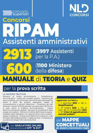 copertina Concorso Ripam 3997 posti, profilo 2913 assistenti amministrativi e concorso 1100 posti Ministero della Difesa, profilo per 600 assistenti amministrativi. Manuale unico con teoria e quiz per entrambi i concorsi