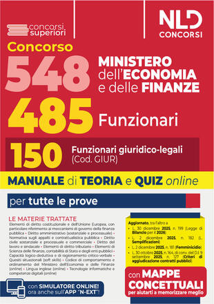 copertina Concorso 548 Ministero dell\'Economia e delle Finanze di cui 485 funzionari. Manuale per il profilo da 150 funzionari giuridico-legali (Cod. GIUR) completo di teoria e quiz